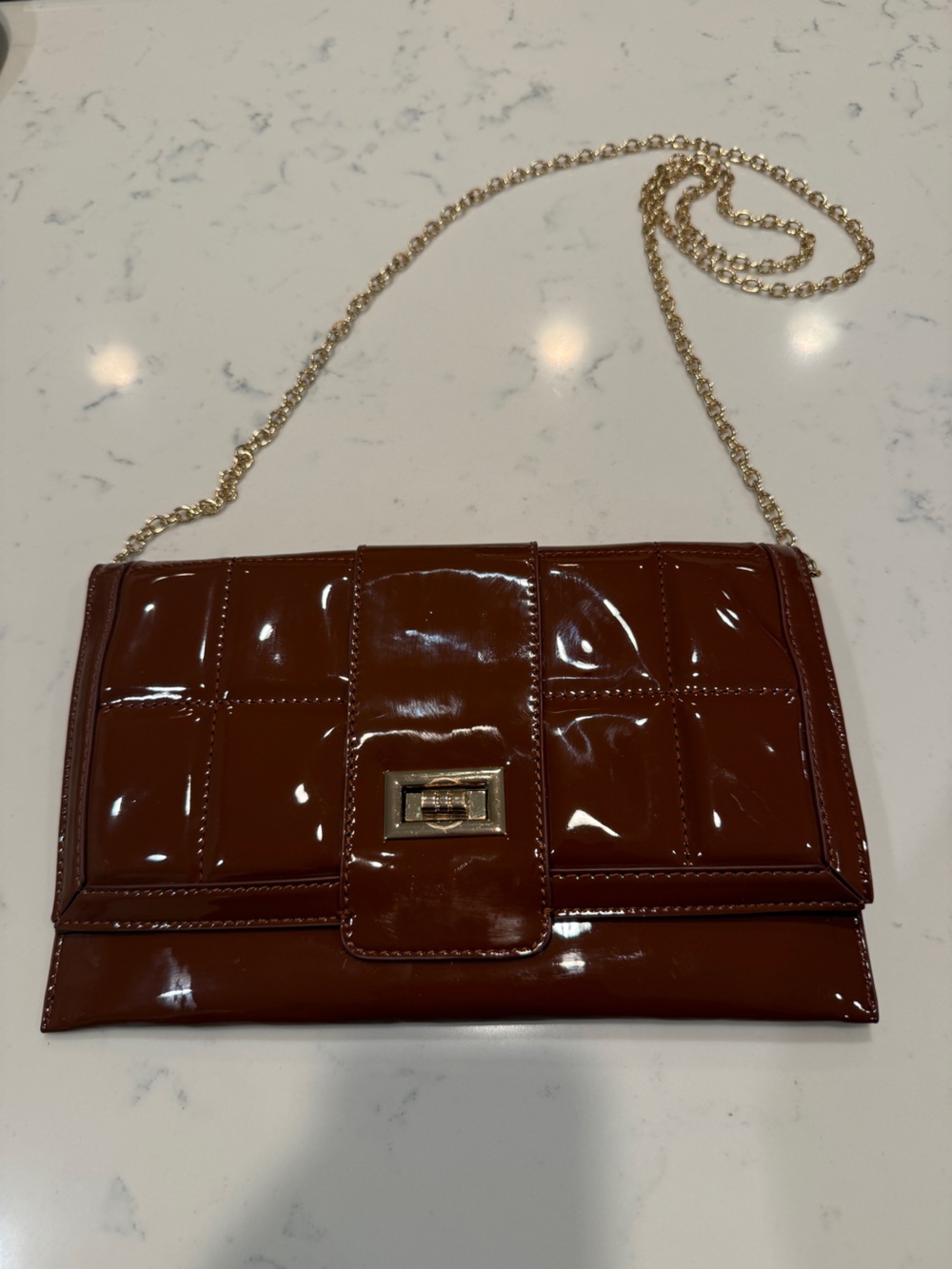 LIKE DREAMS BROWN COGNAC FAUX PATENT LEATHER CLUTCH EVENING PURSE GOLD CHAIN - Picture 3 of 13